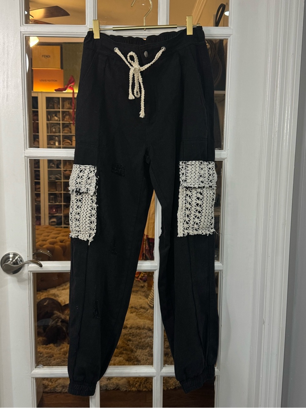 **NEW POL BESTSELLER Black Joggers with Cream Crochet Pockets boho distressed - Picture 3 of 10